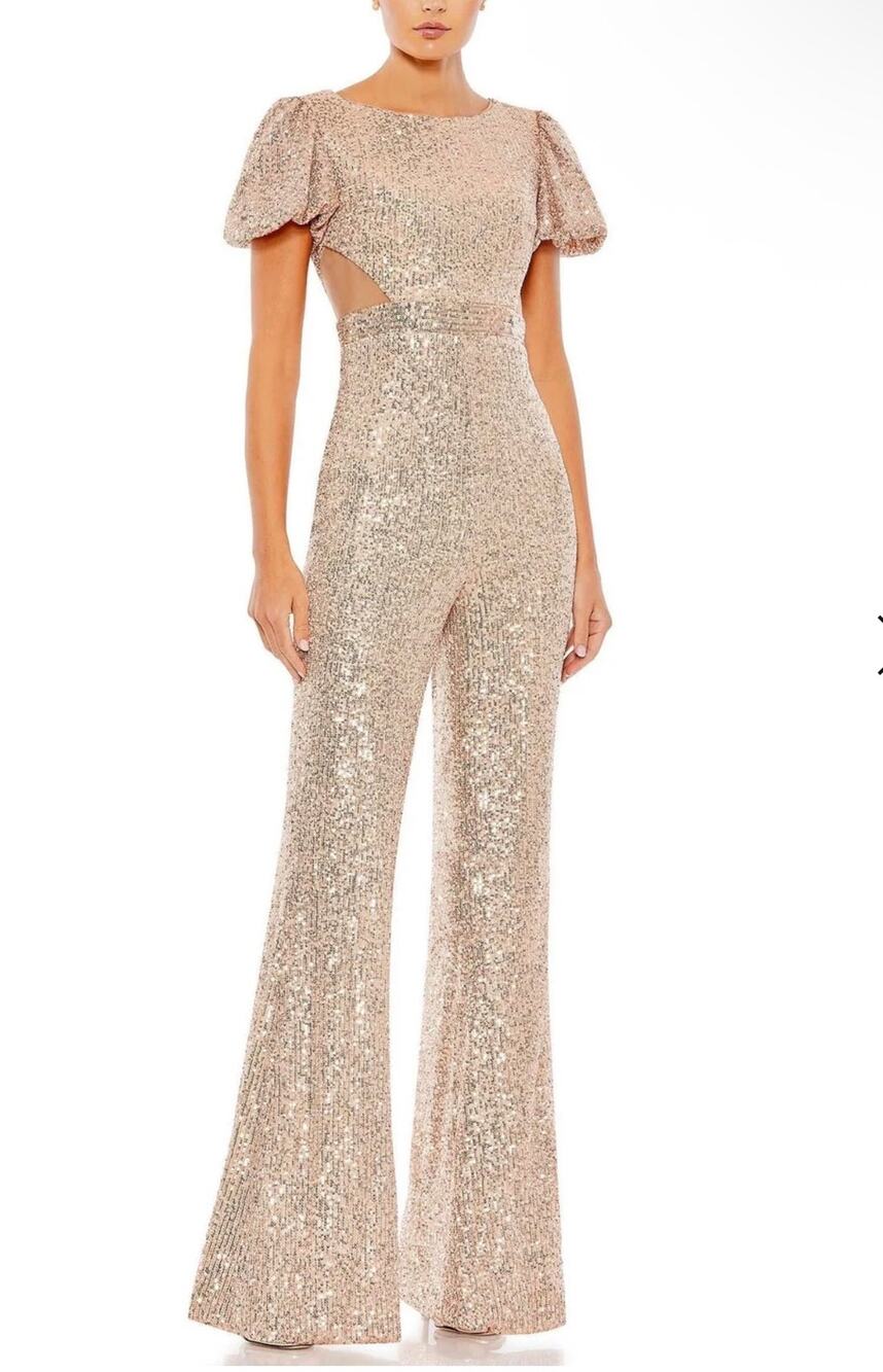 Formal Short Puff Sleeve Jumpsuit Puff Sleeves Mac Duggal 11273 blush sequin